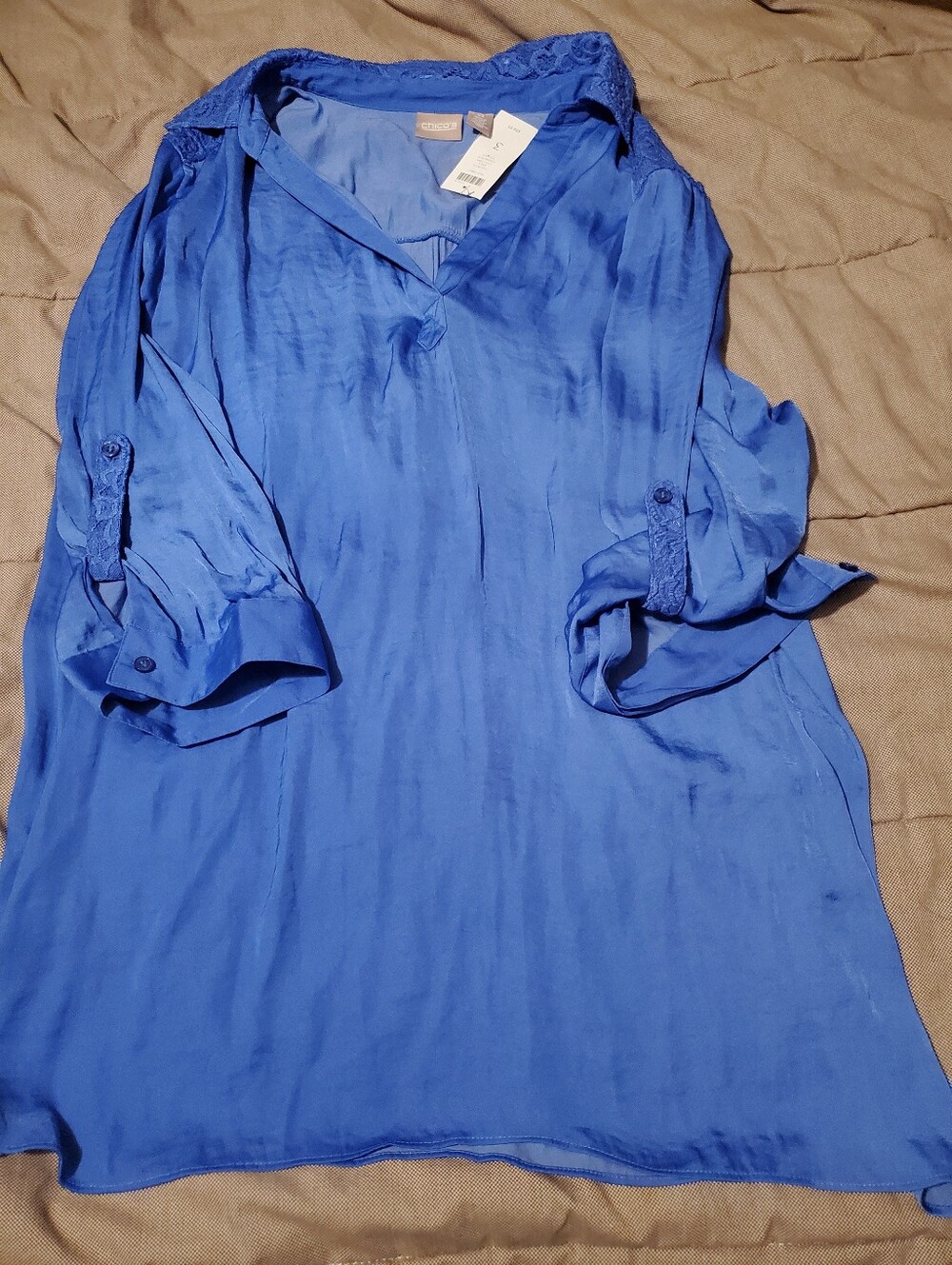 Chico's 3 Size XL Shirt Top Amparo Blue V Neck Long Sleeve Tunic Lightweight - Picture 3 of 9